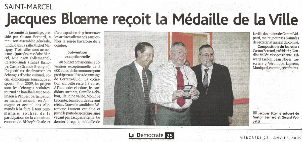 Jacques Bloeme reçoit la médaille de la ville